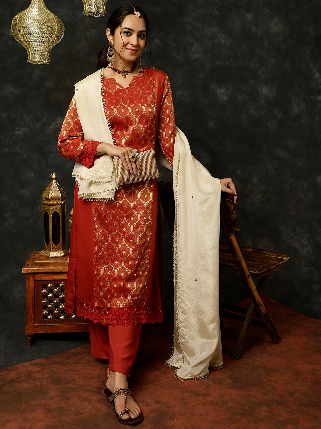 Maroon Bead Work Silk Straight Kurta With Pants And Dupatta