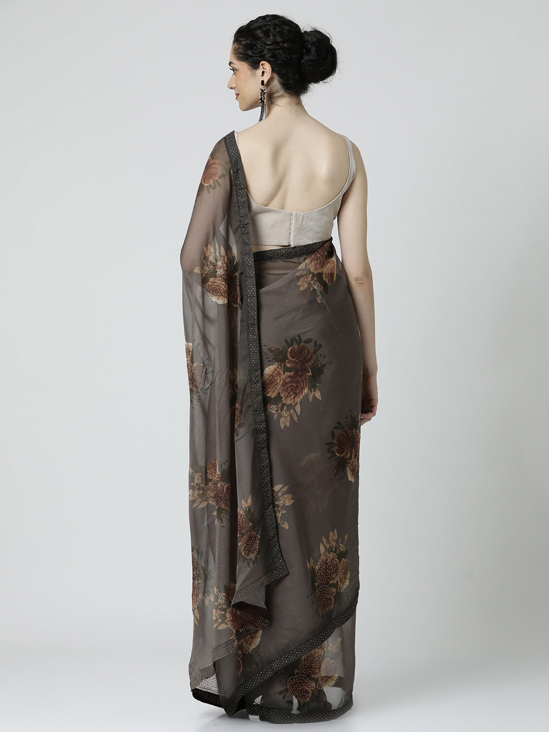 Brown Embellished Floral Printed Georgette Saree