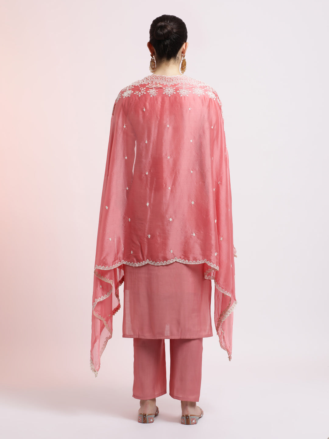 Baby Pink Embroidered Cotton Festive Kurta Set With Dupatta