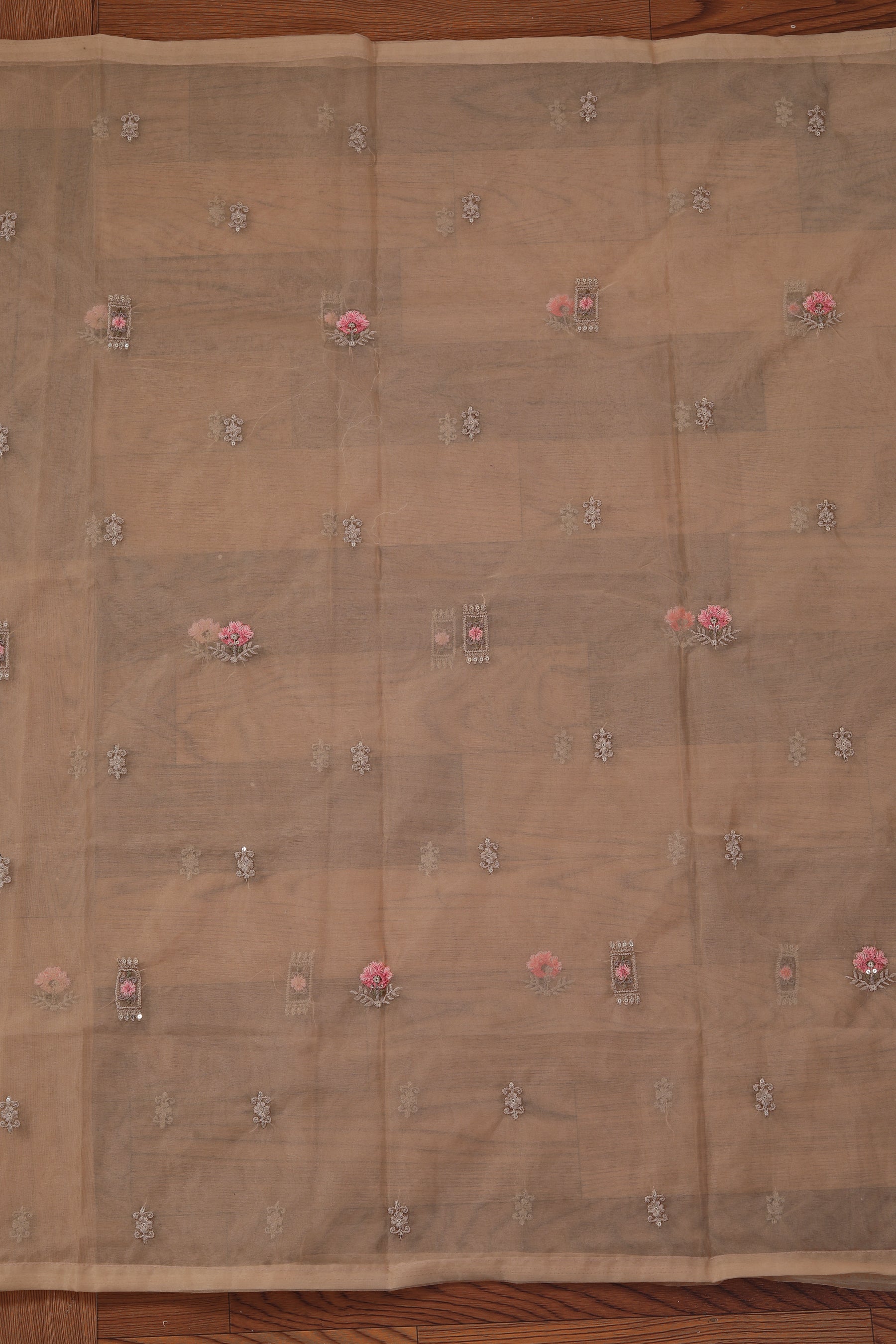 Cream Embroidered Organza Dress Material With Dupatta