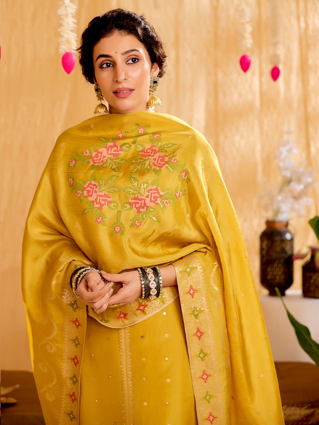 Mustard Jacquard Mirror Work Festive Kurta Set With Dupatta
