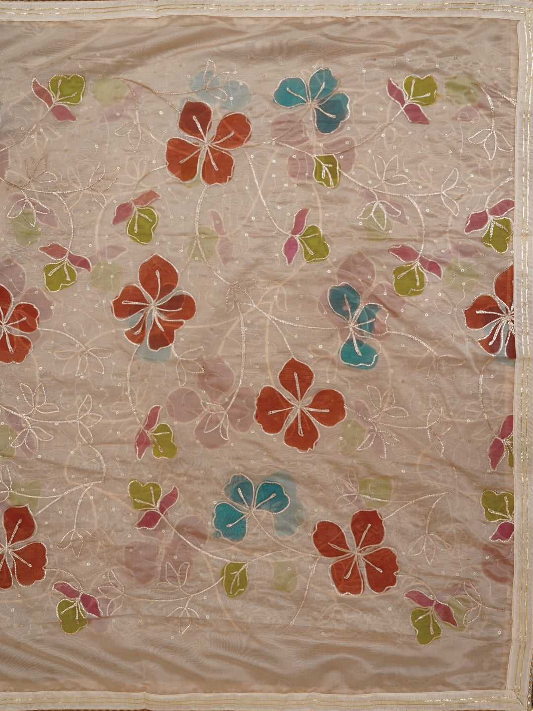 Peach Floral Printed Embroidered Pure Silk Dress Material with Dupatta