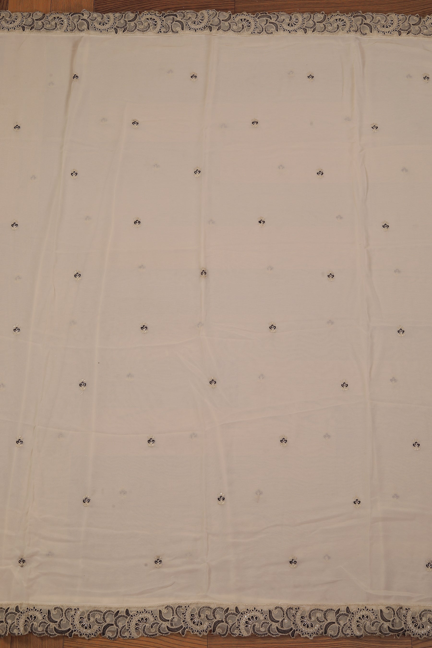 Cream Embroidered Poly Georgette Dress Material with Dupatta