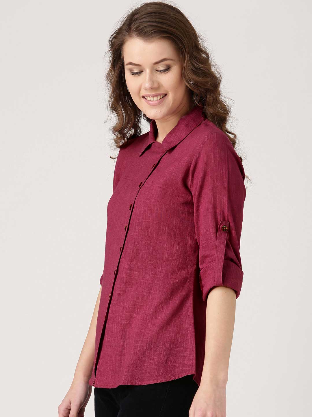 Pink Solid Front Placket Cotton Slub Shirt