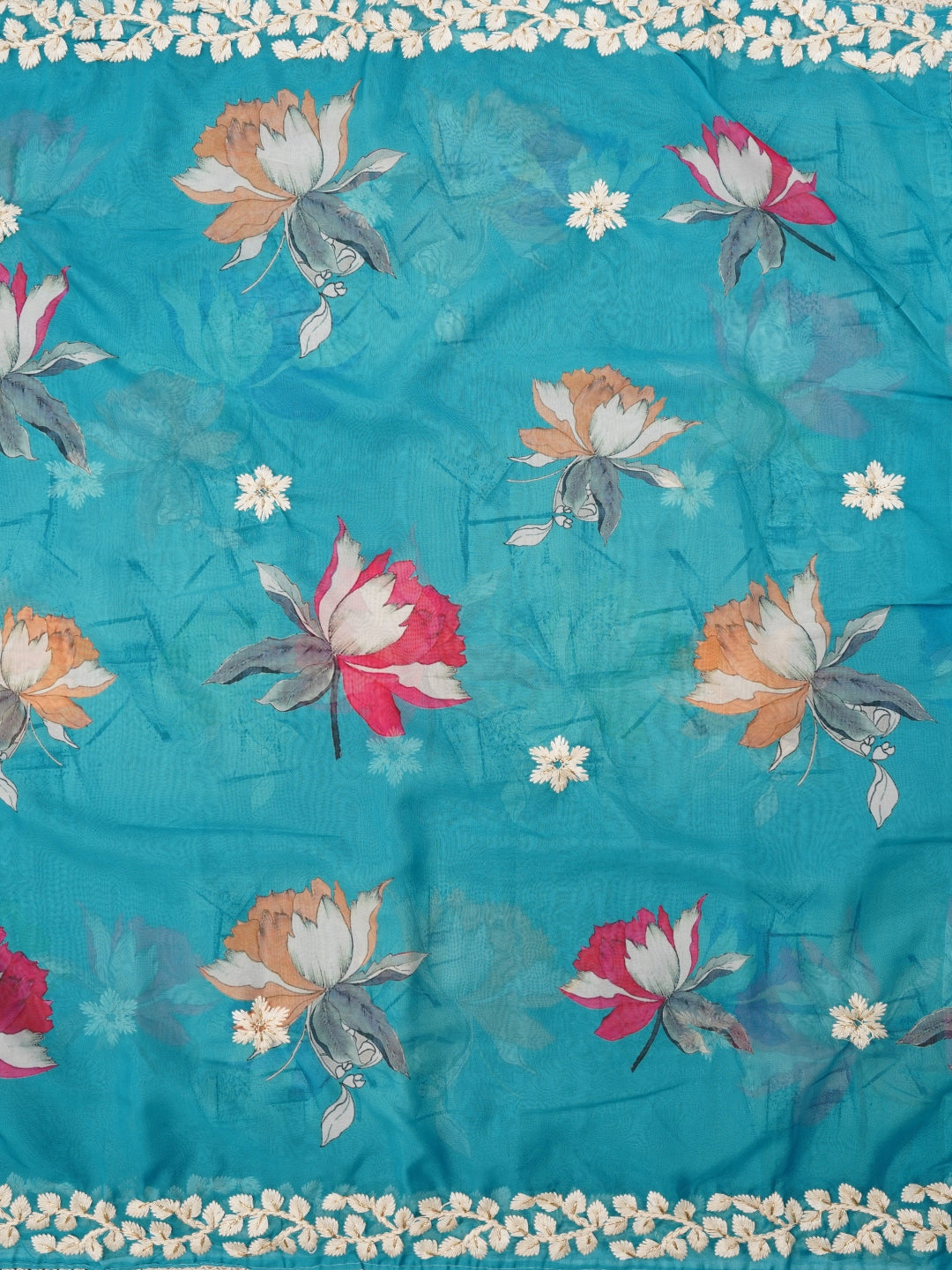 Sky Blue Lucknowi Embroidered Organza Dress Material with Dupatta