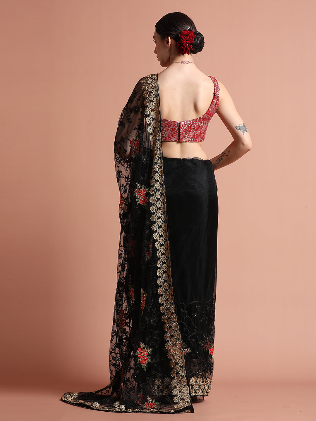 Black Floral Embroidered Net Party Wear Saree