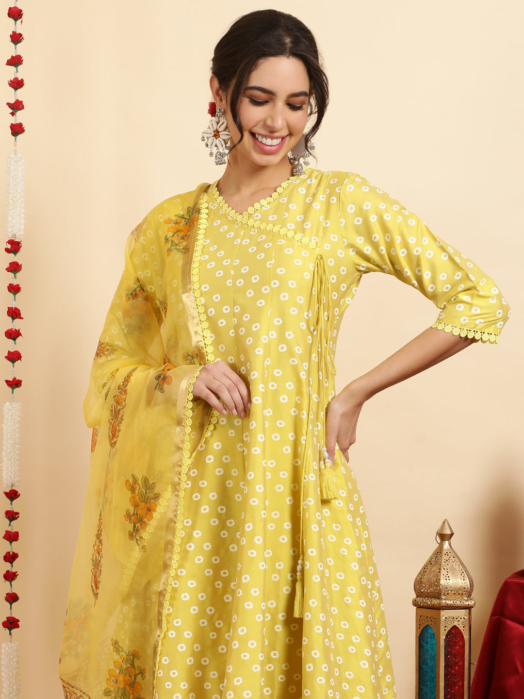 Festive Printed Anarkali Kurta Set With Handblock Dupatta