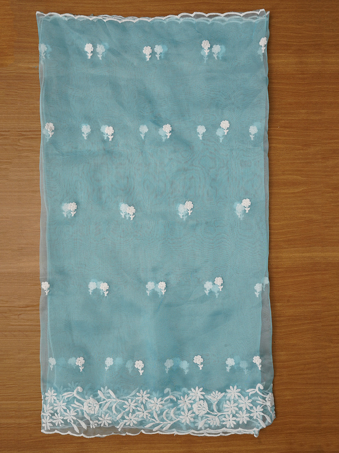 Sky Blue Floral Embroidered Organza Dress with Dupatta