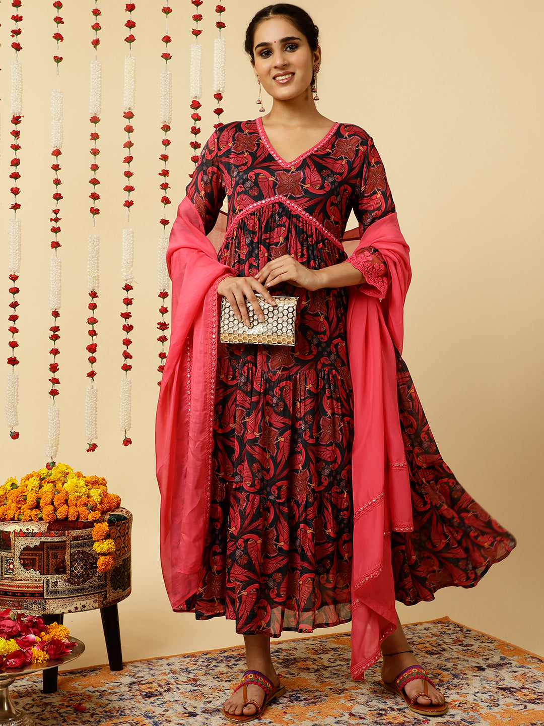 Fuchsia Animal Print Flared Kurta With Dupatta