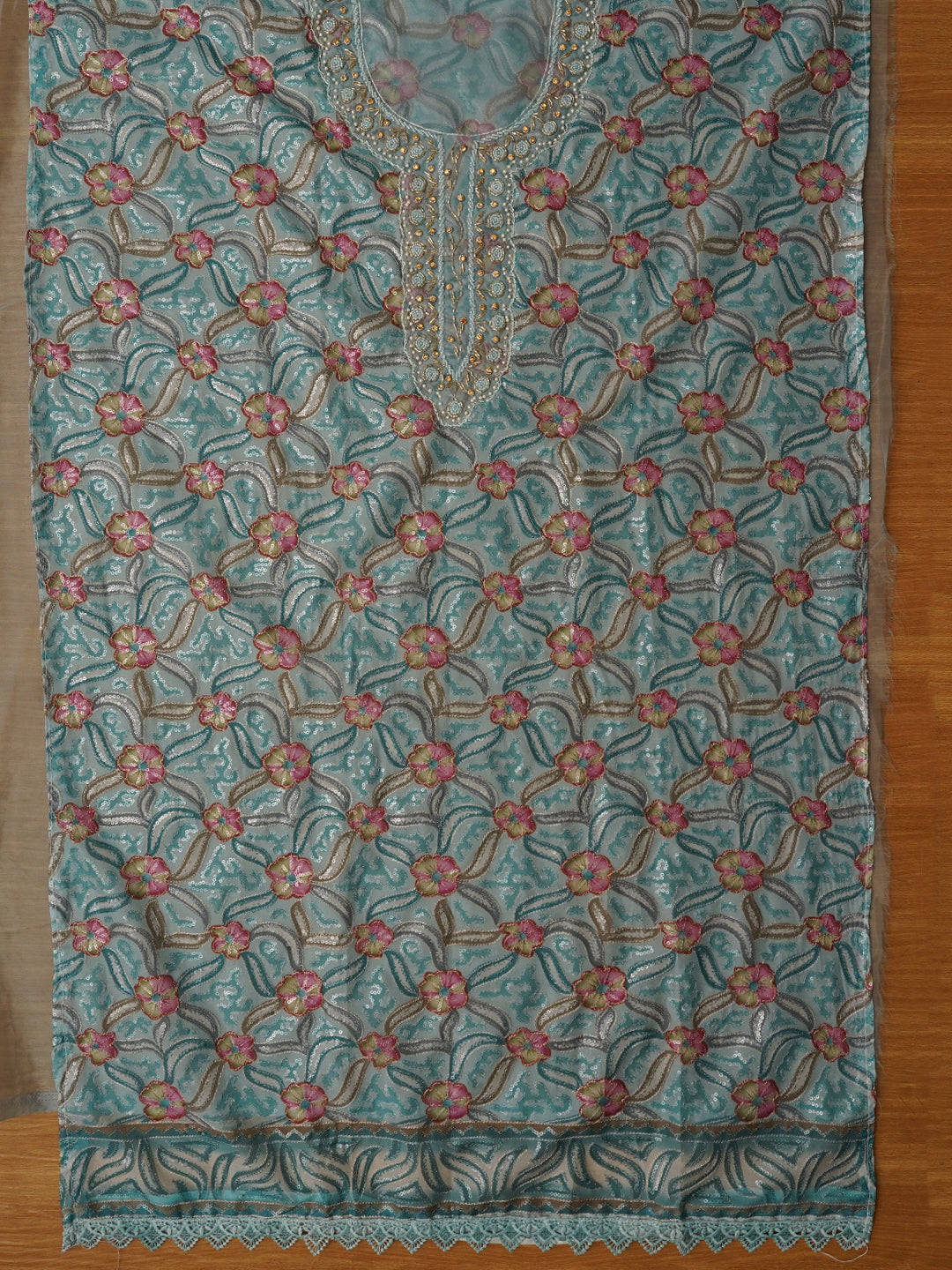 Teal Sequin Embellished Organza Printed Dress Material with Dupatta