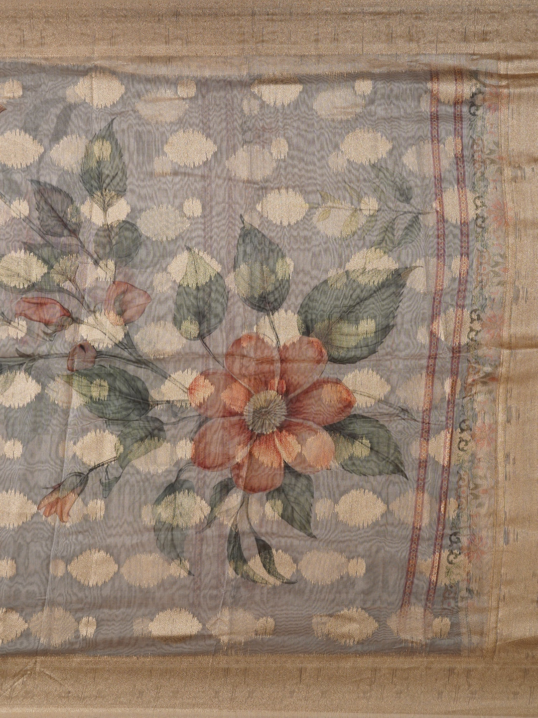 Grey Embellished Floral Printed Cotton Blend Dress Material with Dupatta