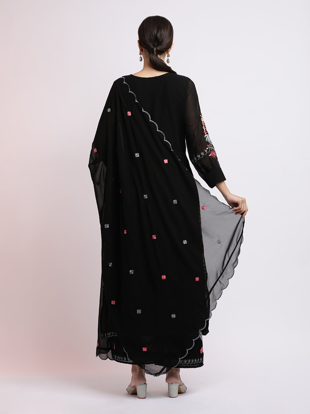 Black Thread Embroidered Georgette Kurta Set With Dupatta