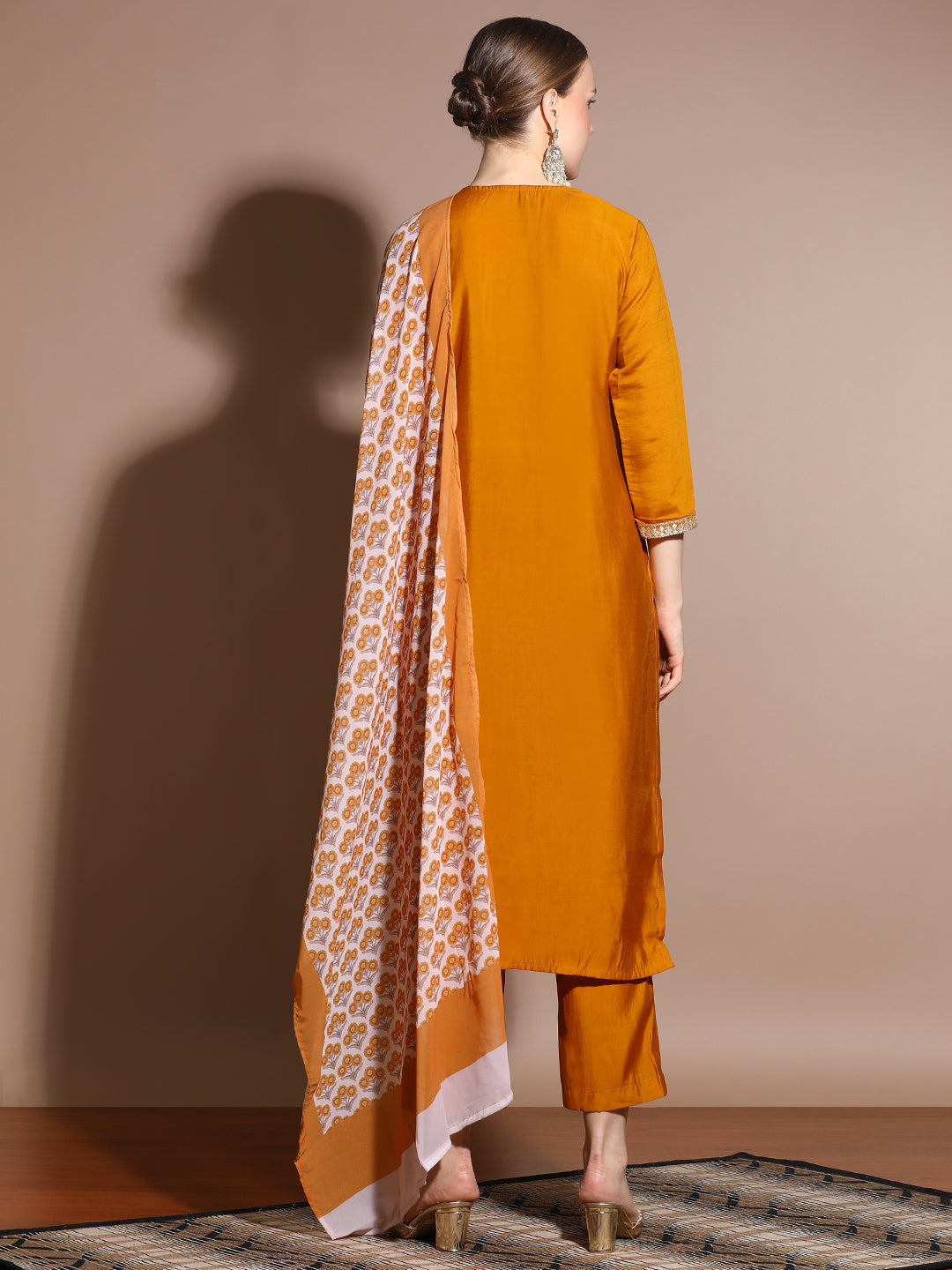 Mustard Festive Embroidered Silk Blend Kurta Set With Printed Dupatta