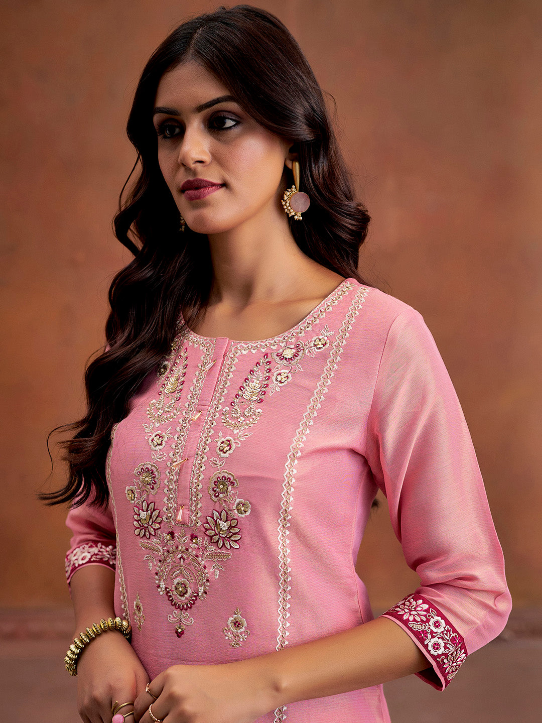 Pink Festive Zardozi Work Kurta Set With Dupatta