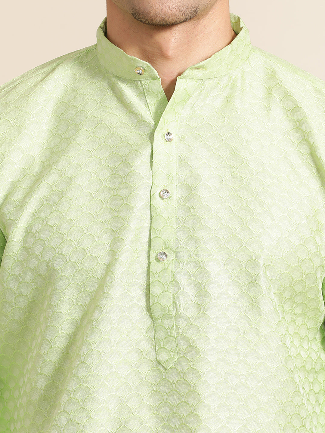 Pista Green Silk Blend Kurta With Woven Design Nehru Jacket Set