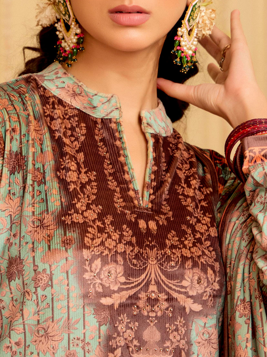 Mint Green Woolen Ethnic Printed Kurta Set With Dupatta