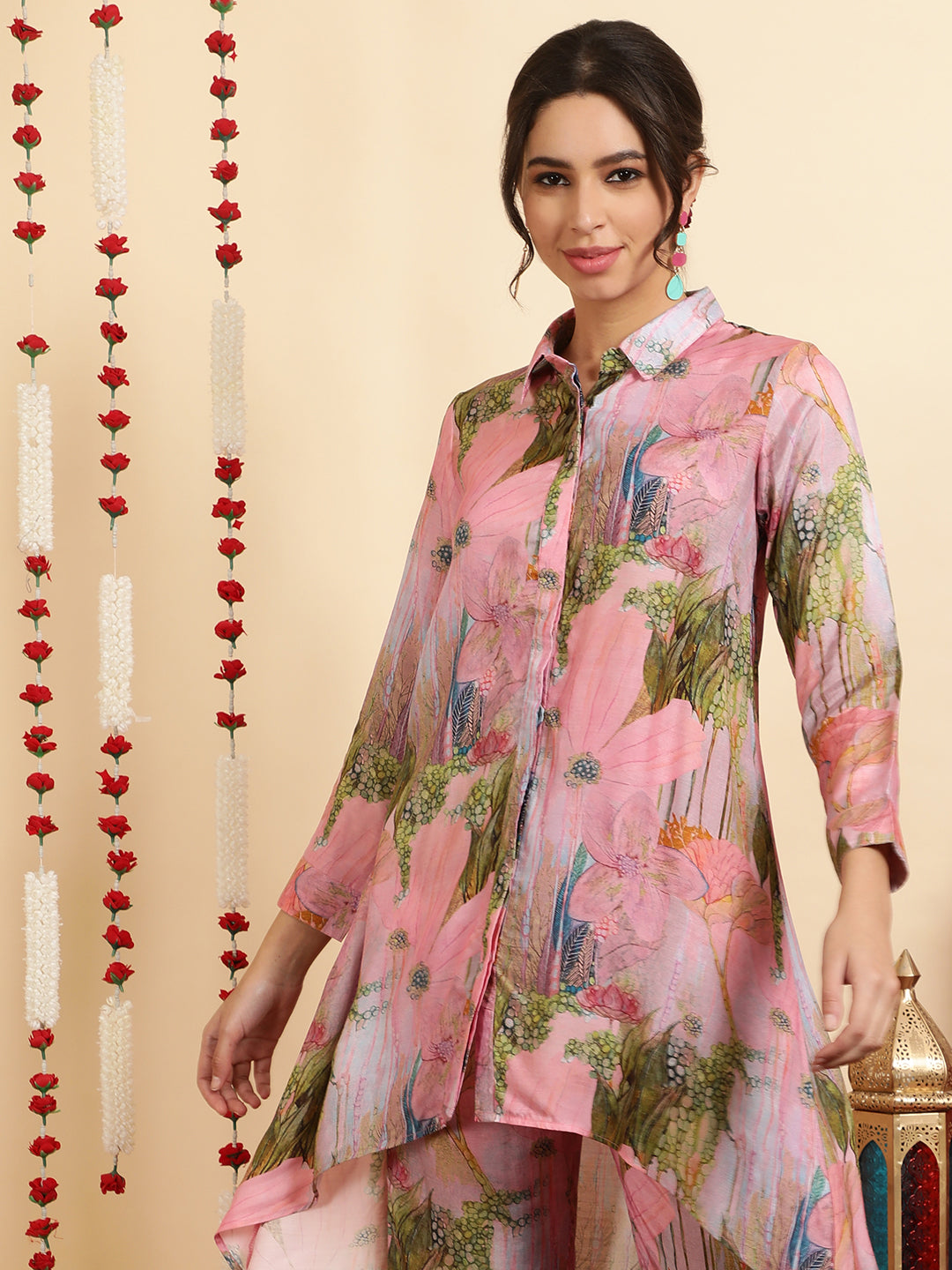 Pink Printed Muslin Shirt With Palazzo Co-ord Set