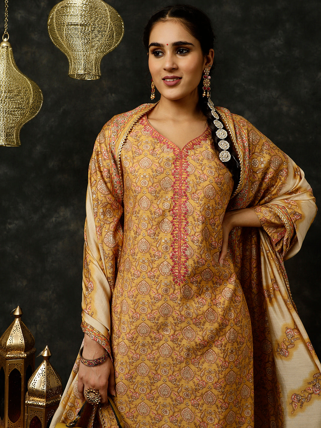 Yellow Foil Printed Kurta With Pants And Dupatta