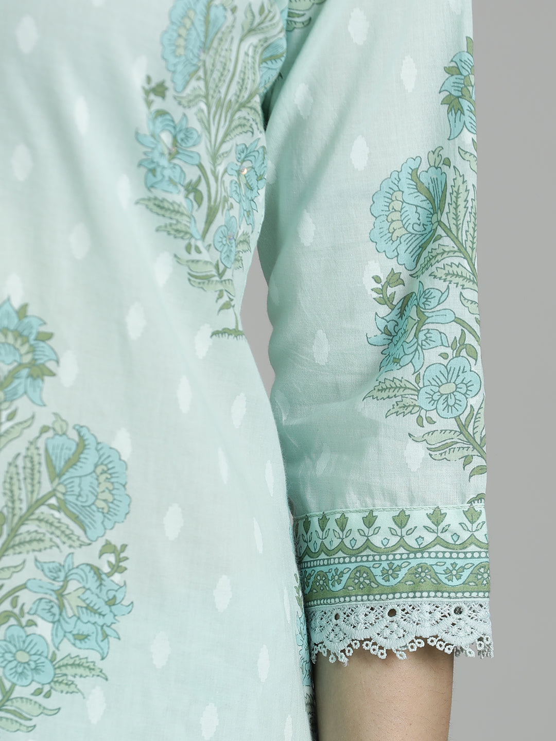 Off White Green Floral Printed Cotton Suit Set