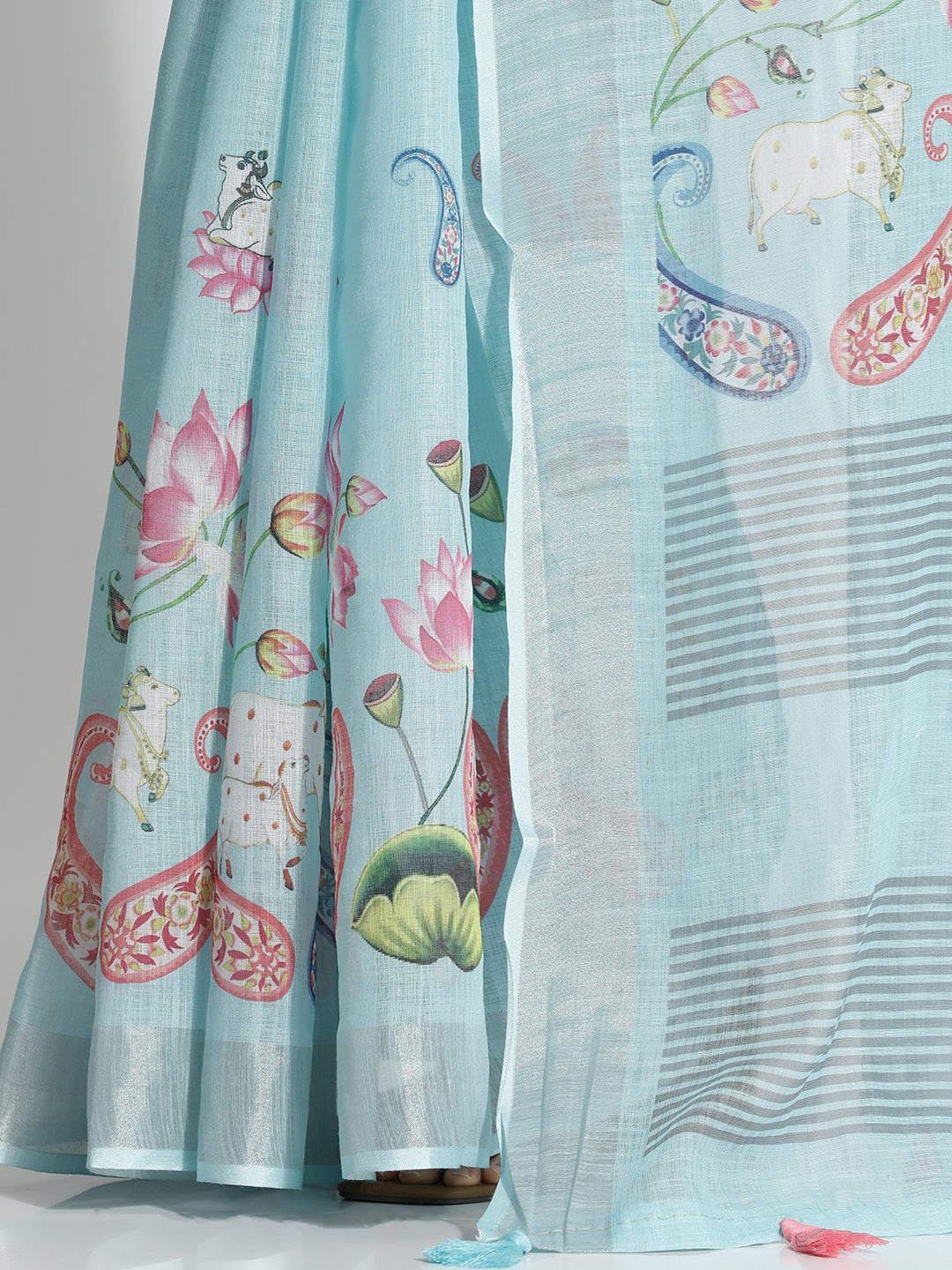 Sky Blue Pichwai Printed Daily Wear Pure Linen Saree