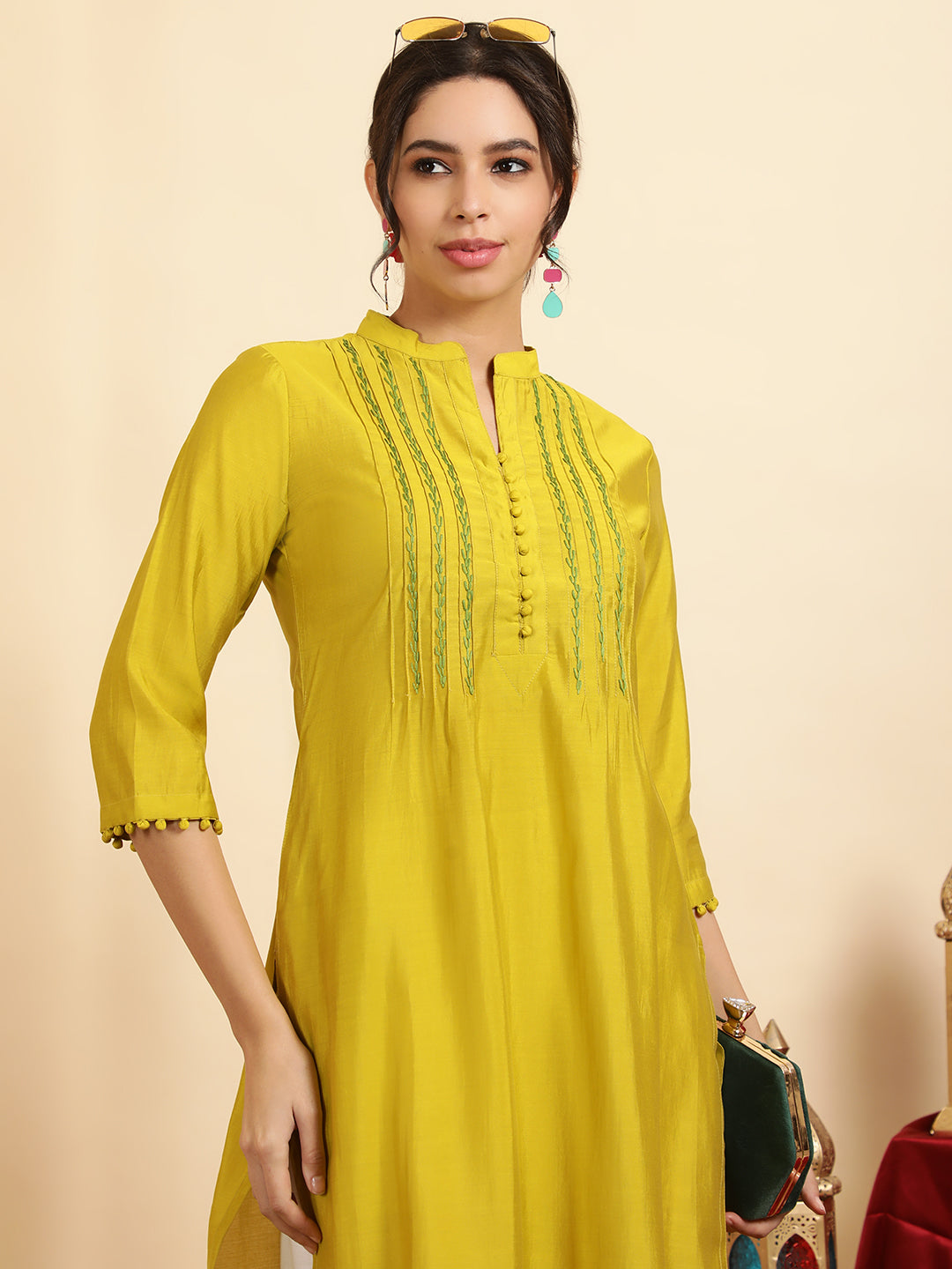 Embroidered Mustard Pintuck Straight Kurta