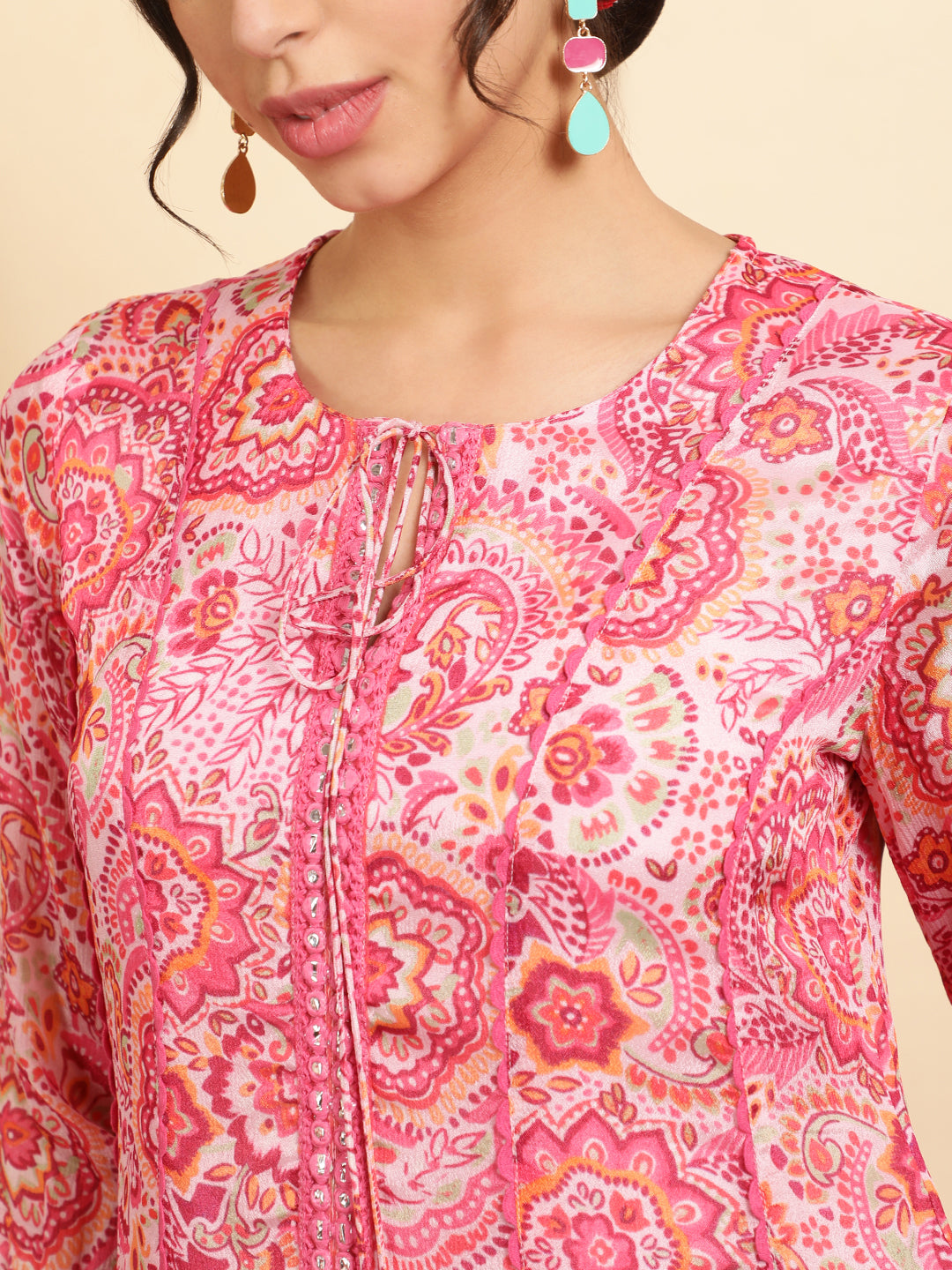 Pink Floral Printed Mirror Work Anarkali Kurta With Pants And Dupatta