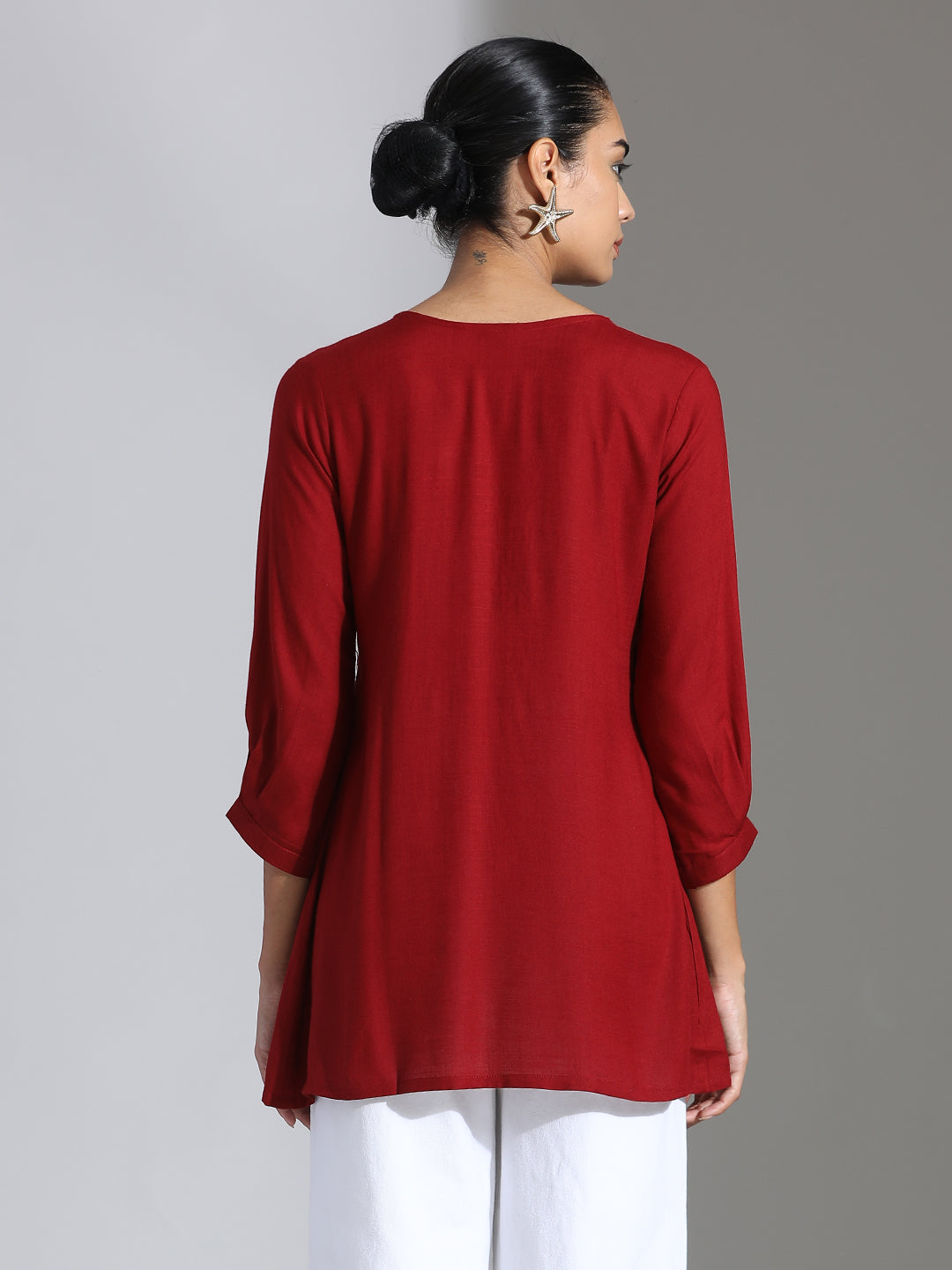 Maroon Embroidered Rayon Gathered Top