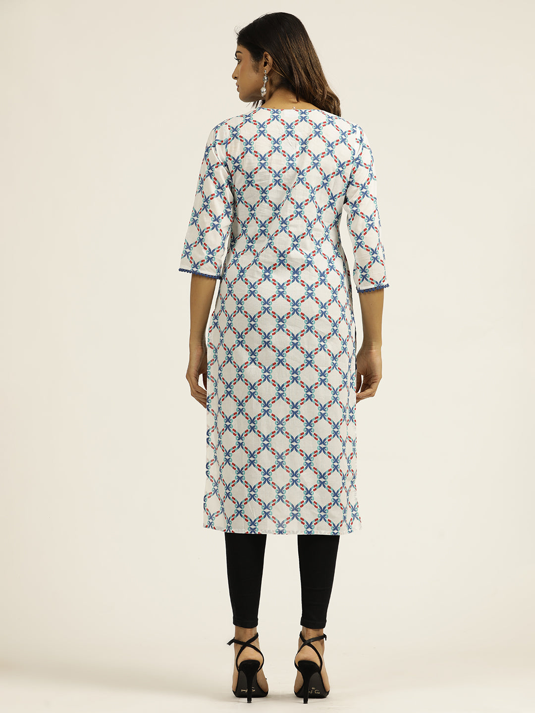 Cotton Blue Ethnic Printed White Straight Kurta