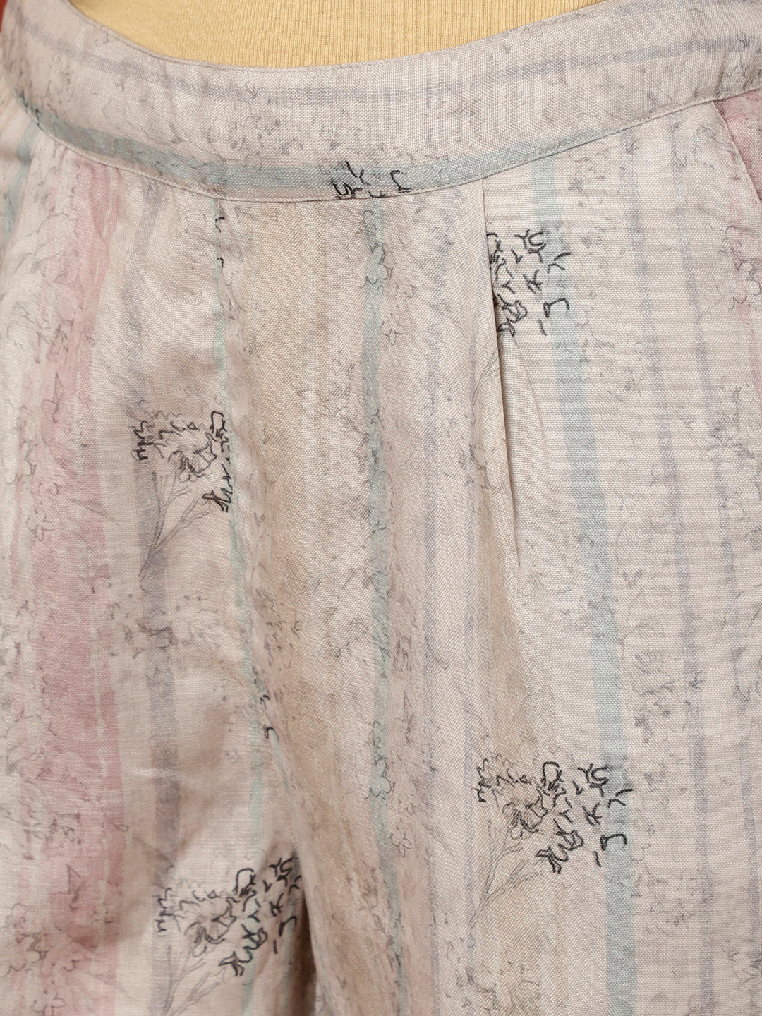 Beige Floral Digital Printed Embroidered Linen Suit Set