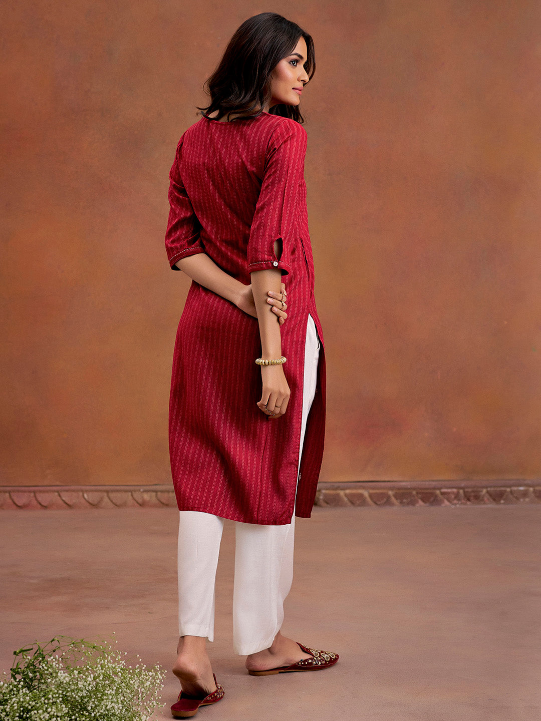 Maroon Self Woven Embroidered Straight Kurta