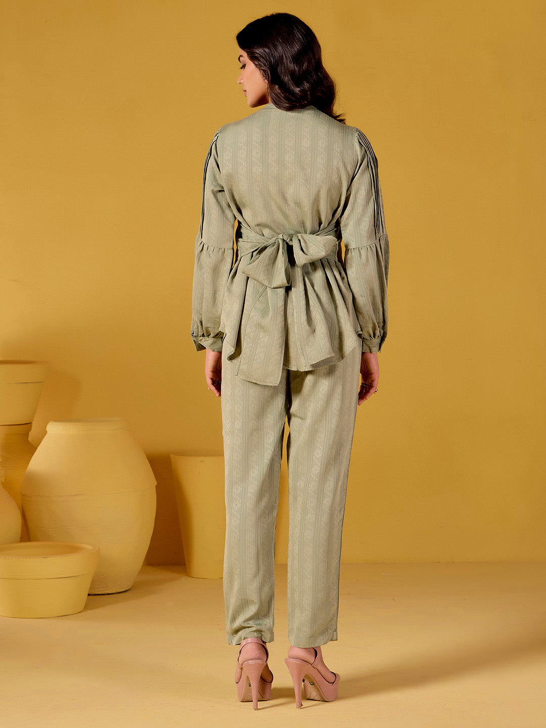 Olive Green Self Design Embroidered Festive Co-ord Set