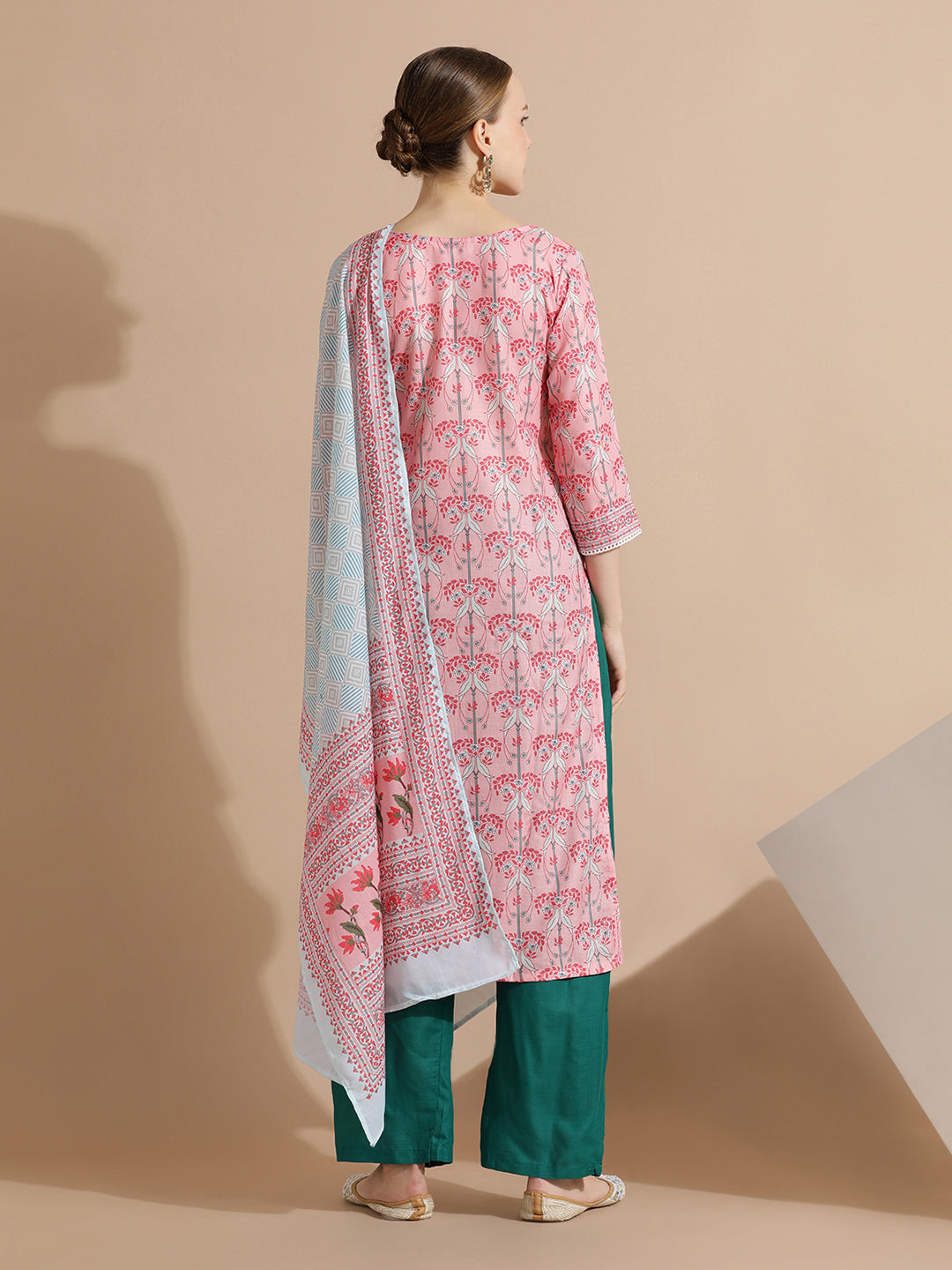 Peach Green Block Printed Cotton Kurta Set With Dupatta
