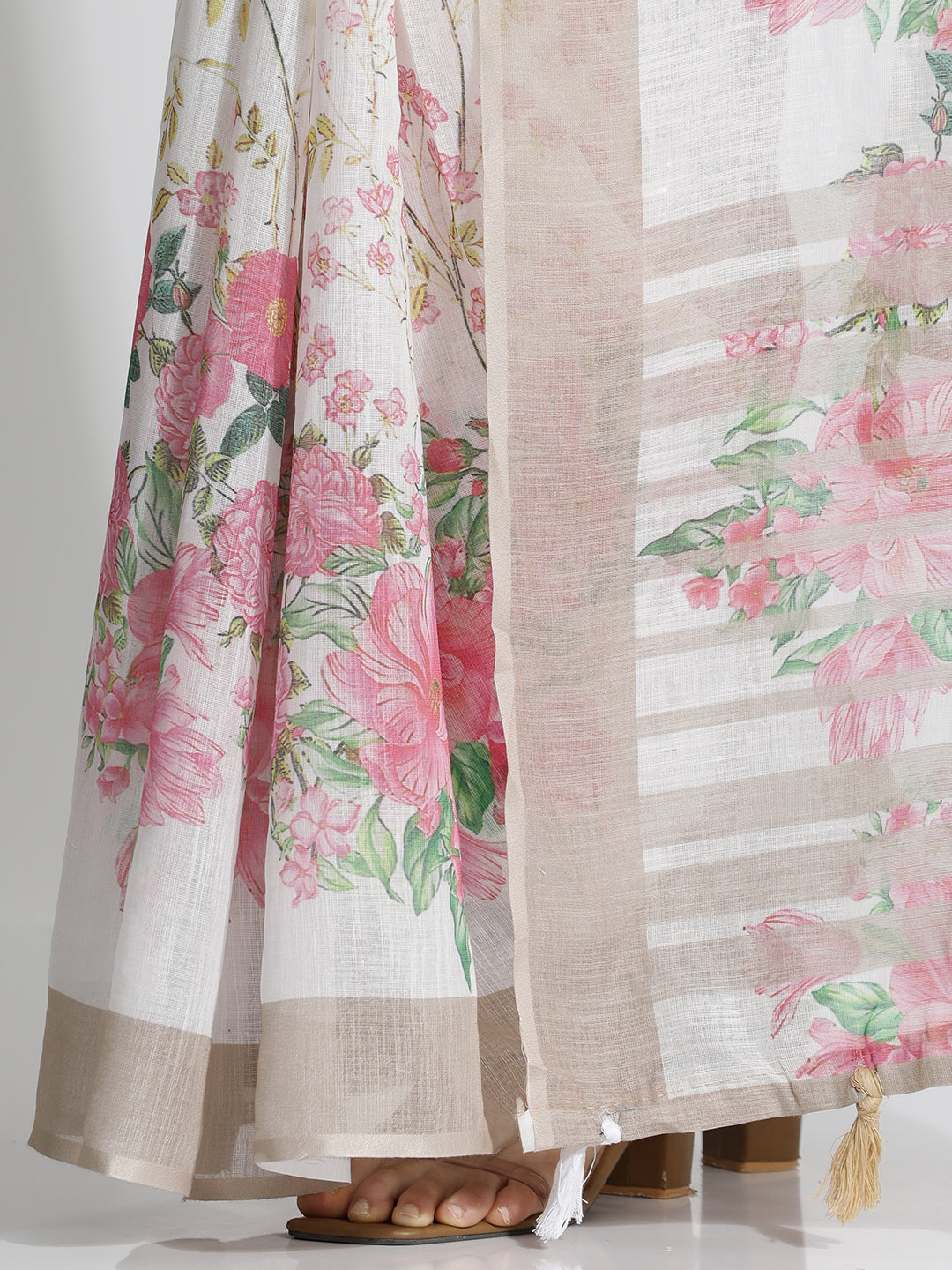 Floral Printed Daily Wear Pure Linen White Saree