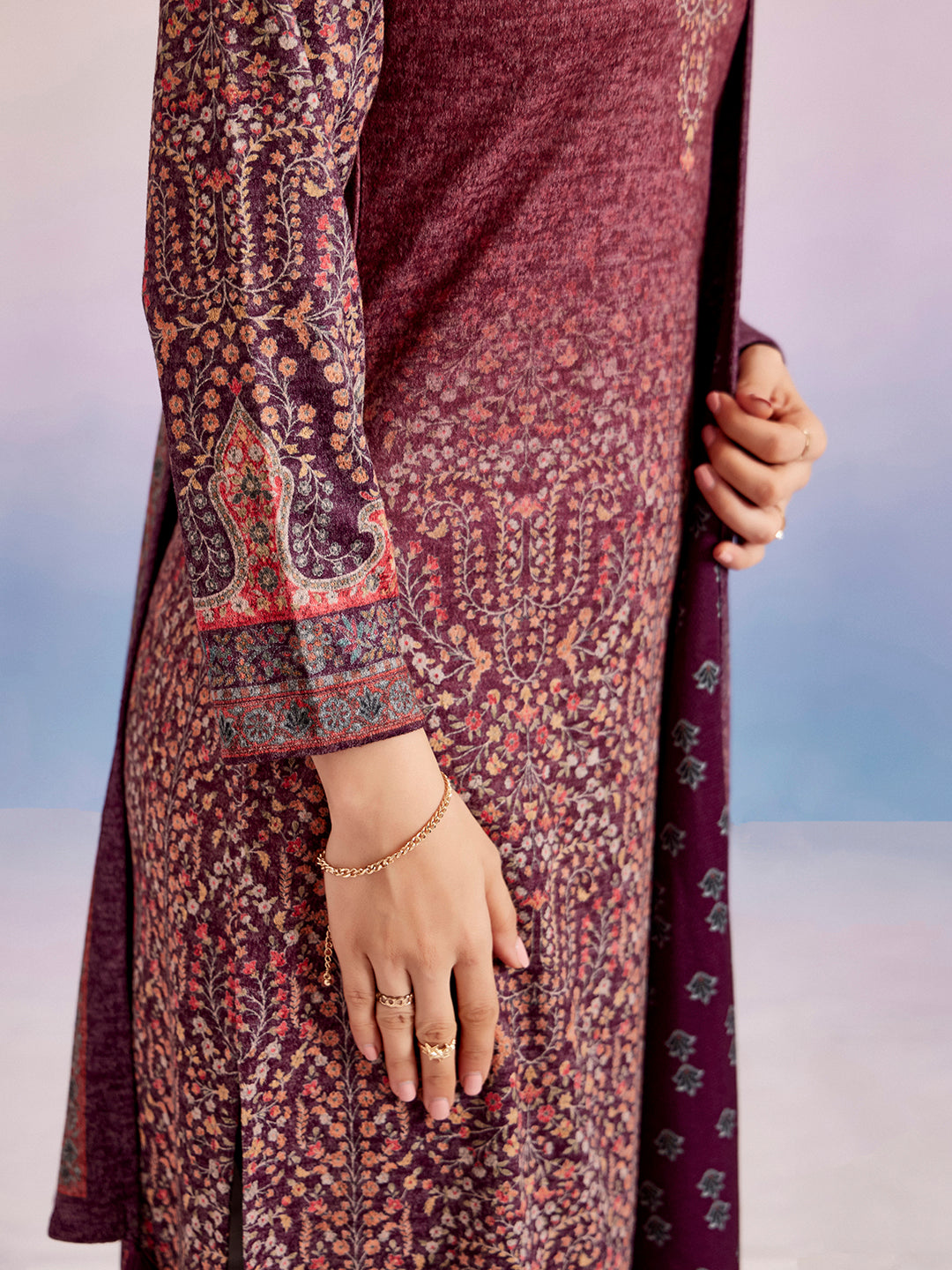 Pink Woolen Floral Printed Kurta Set With Dupatta