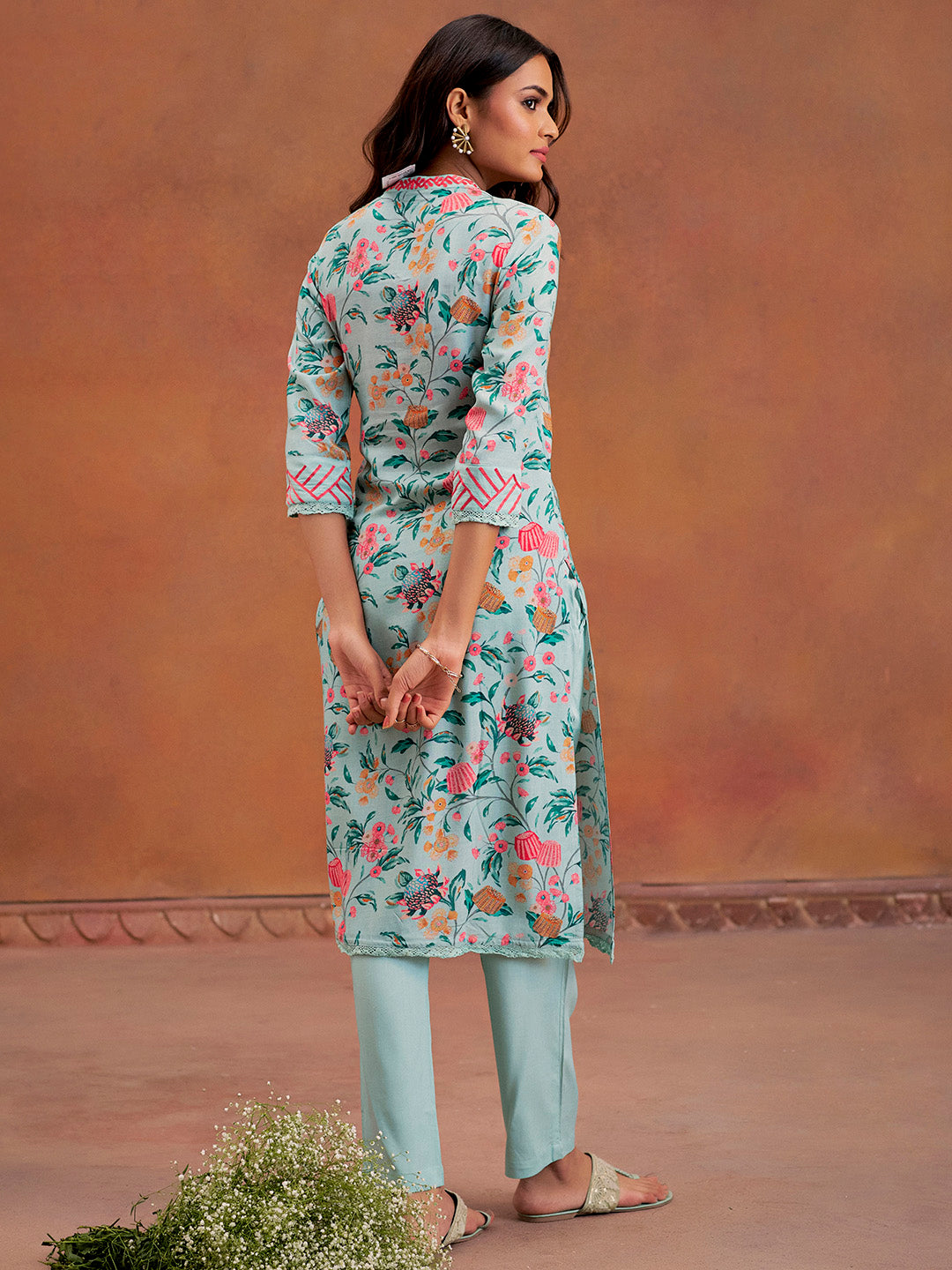 Blue Embroidered Tropical Printed Straight Kurta