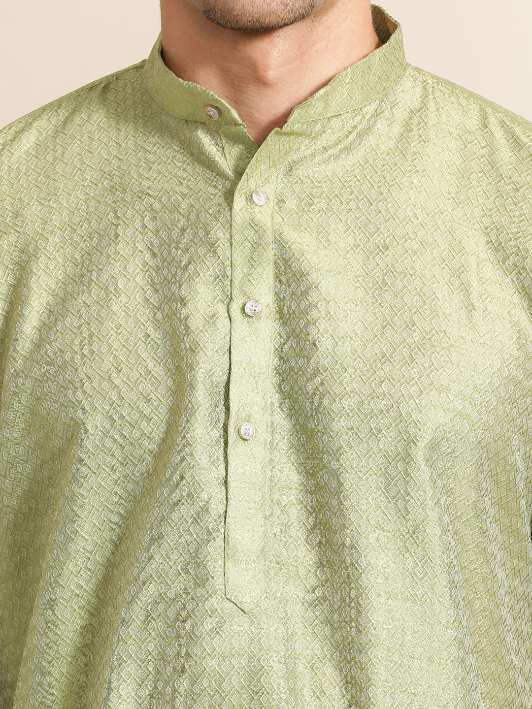 Green Silk Blend Kurta With Woven Design Nehru Jacket Set
