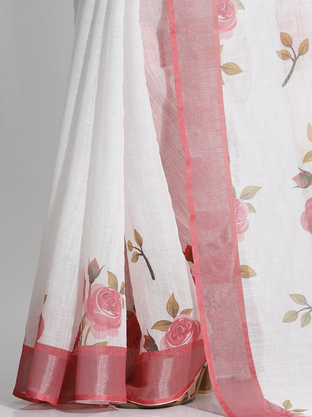 White Floral Printed Daily Wear Pure Linen Saree