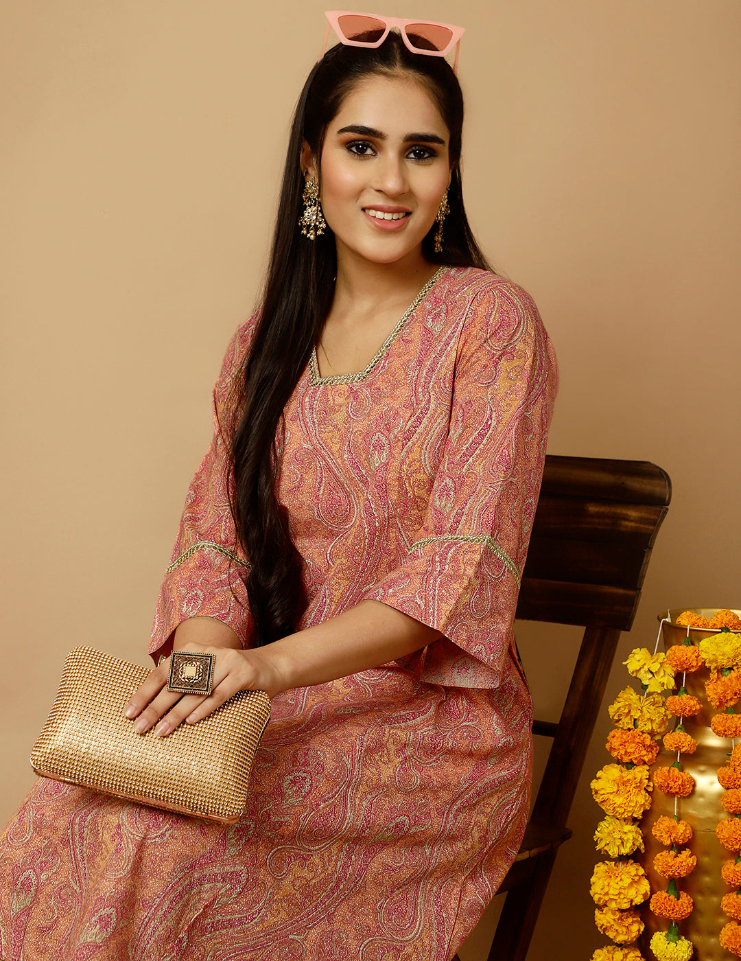 Peach Paisley Print Pakistani Kurta