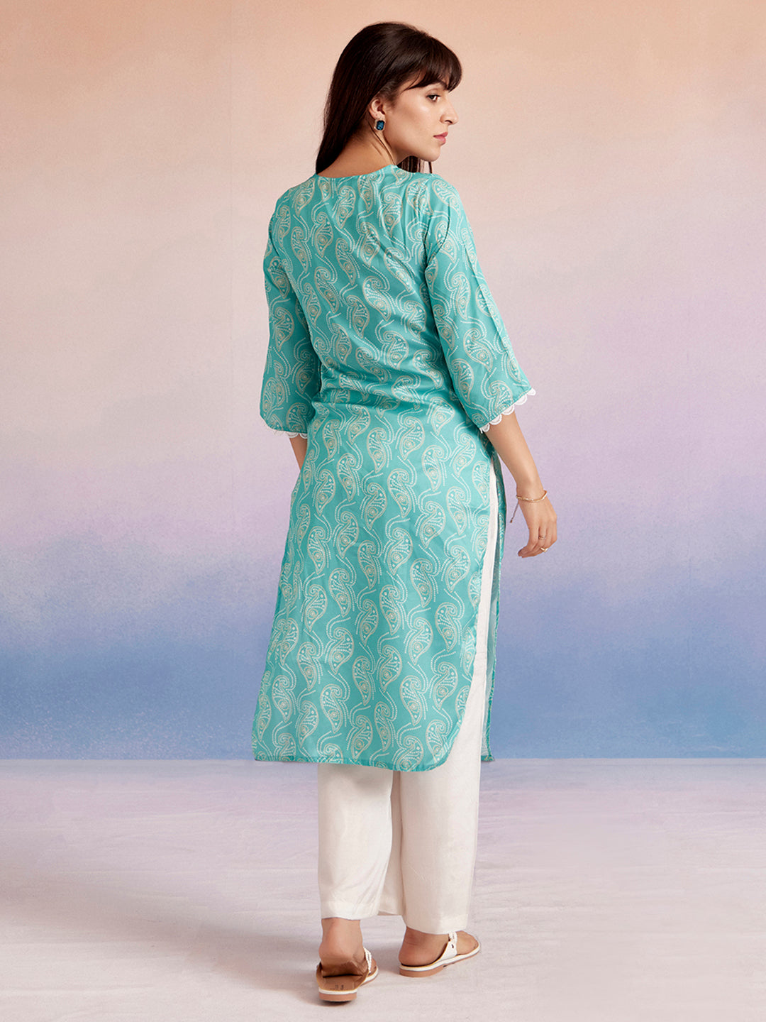 Turquoise Blue Bandhej Printed Straight Kurta