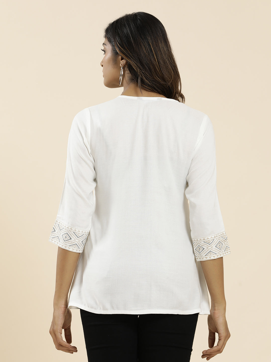 White Geometric Printed Straight Top