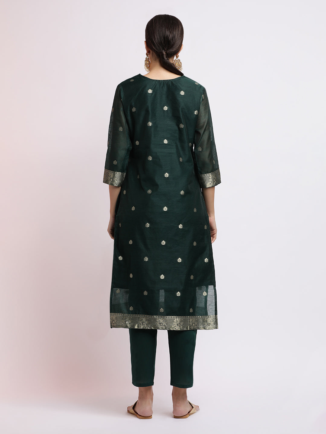 Green Woven Design Jacquard Kurta Set With Dupatta