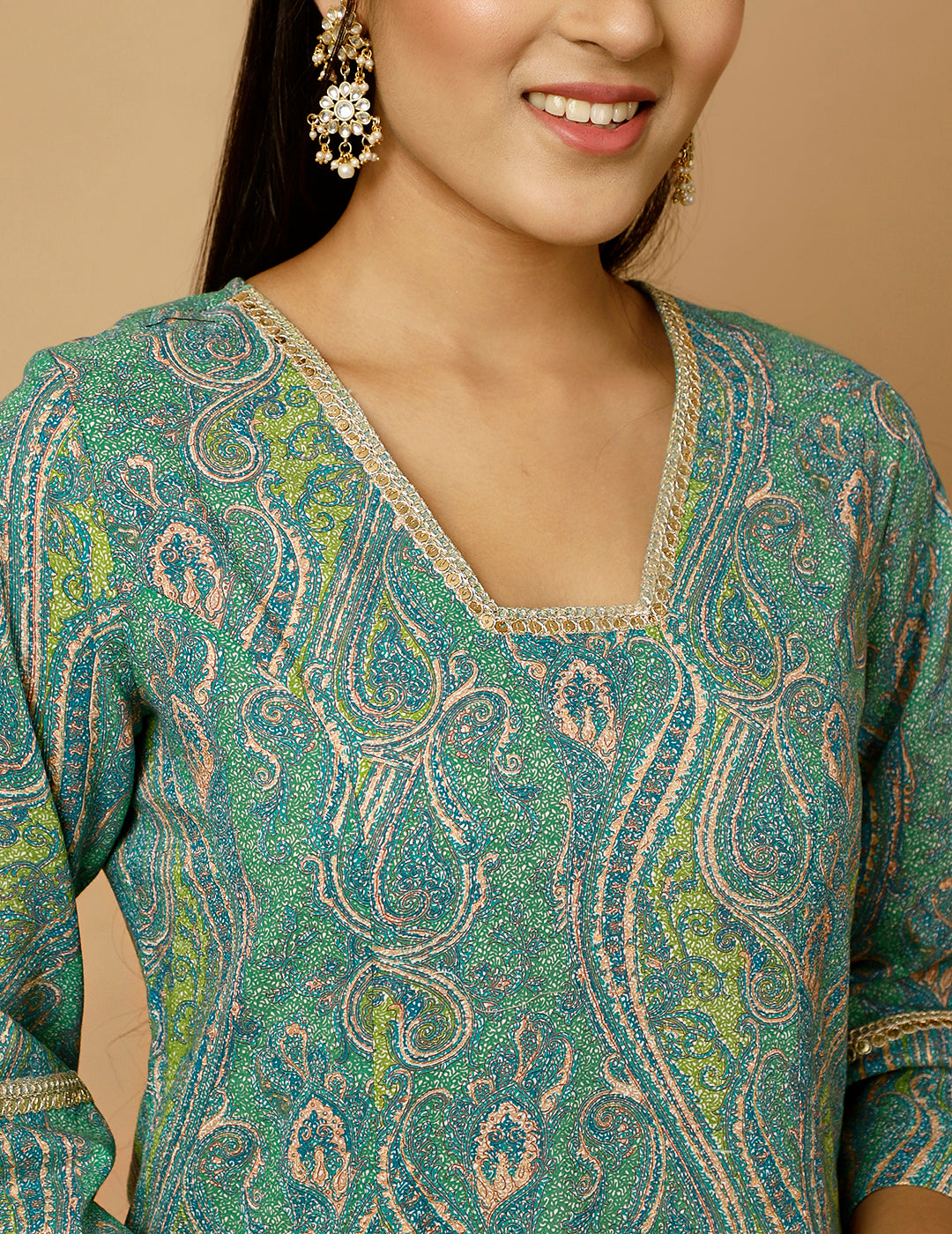 Turquoise Blue Paisley Print Pakistani Kurta
