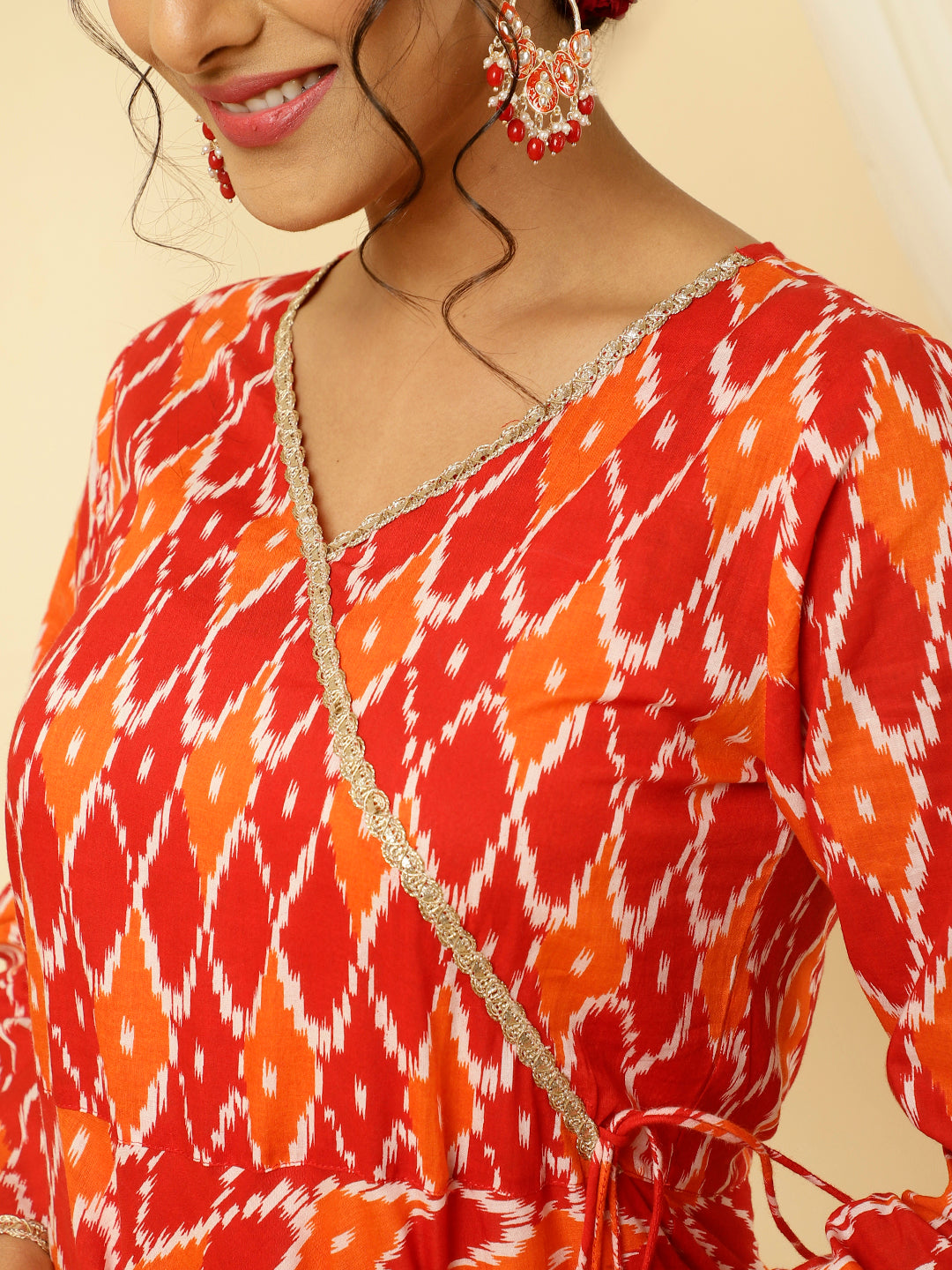 Red Ikat Printed Angrakha Kurta