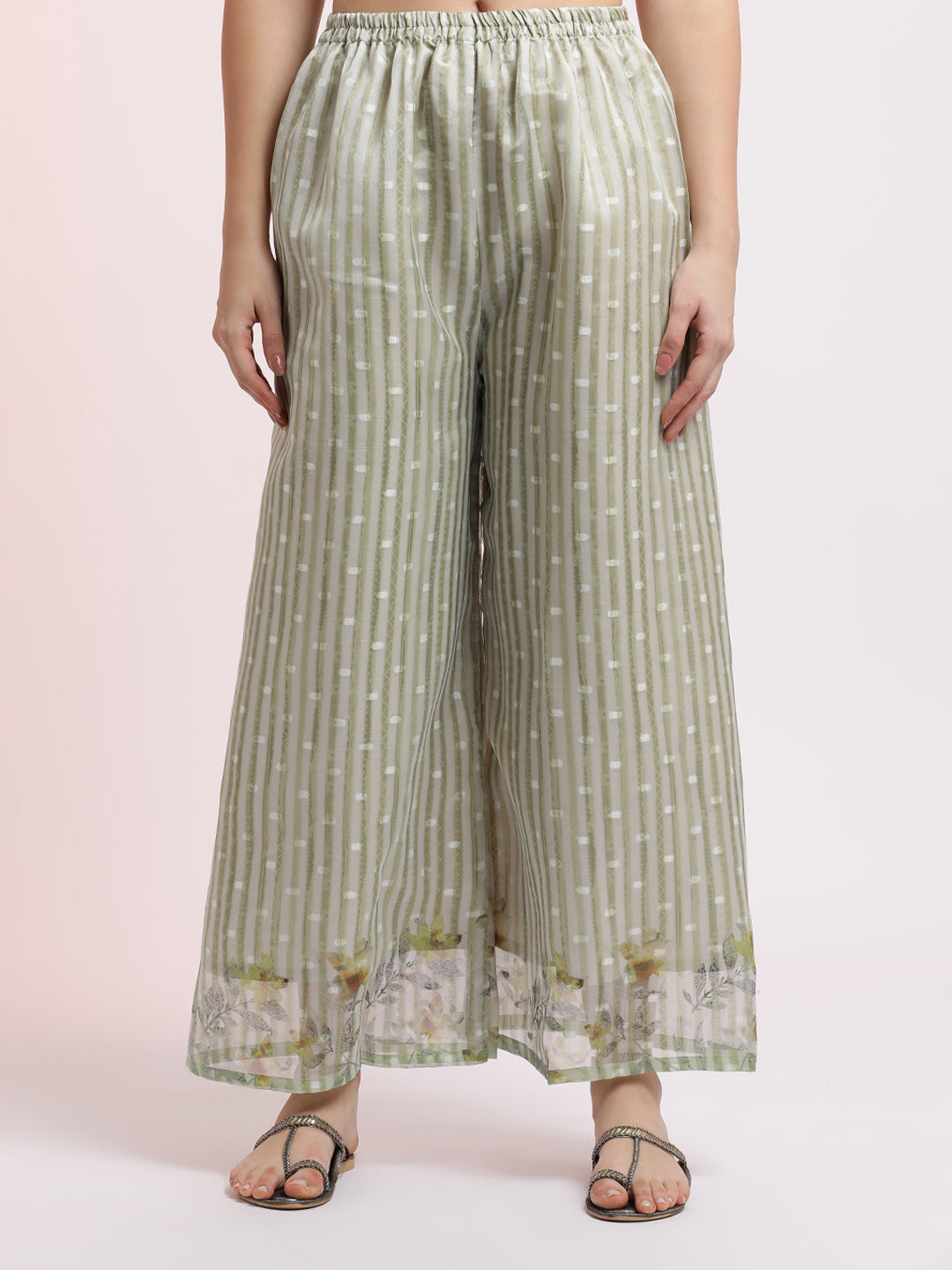 Green Woven Design Organza Kurta Set With Dupatta