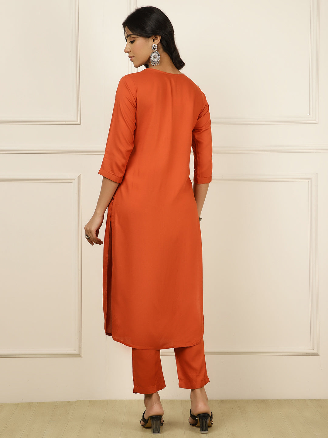 Rust Pleated Straight Kurta With Pants