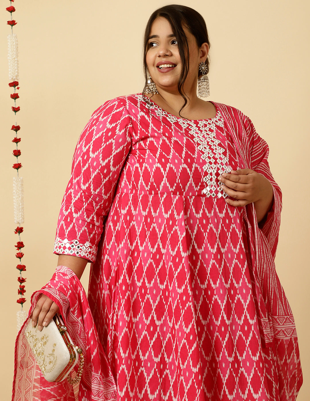 Plus Size Pink Mirror Embellished Ikat Printed Anarkali Kurta With Pants And Dupatta