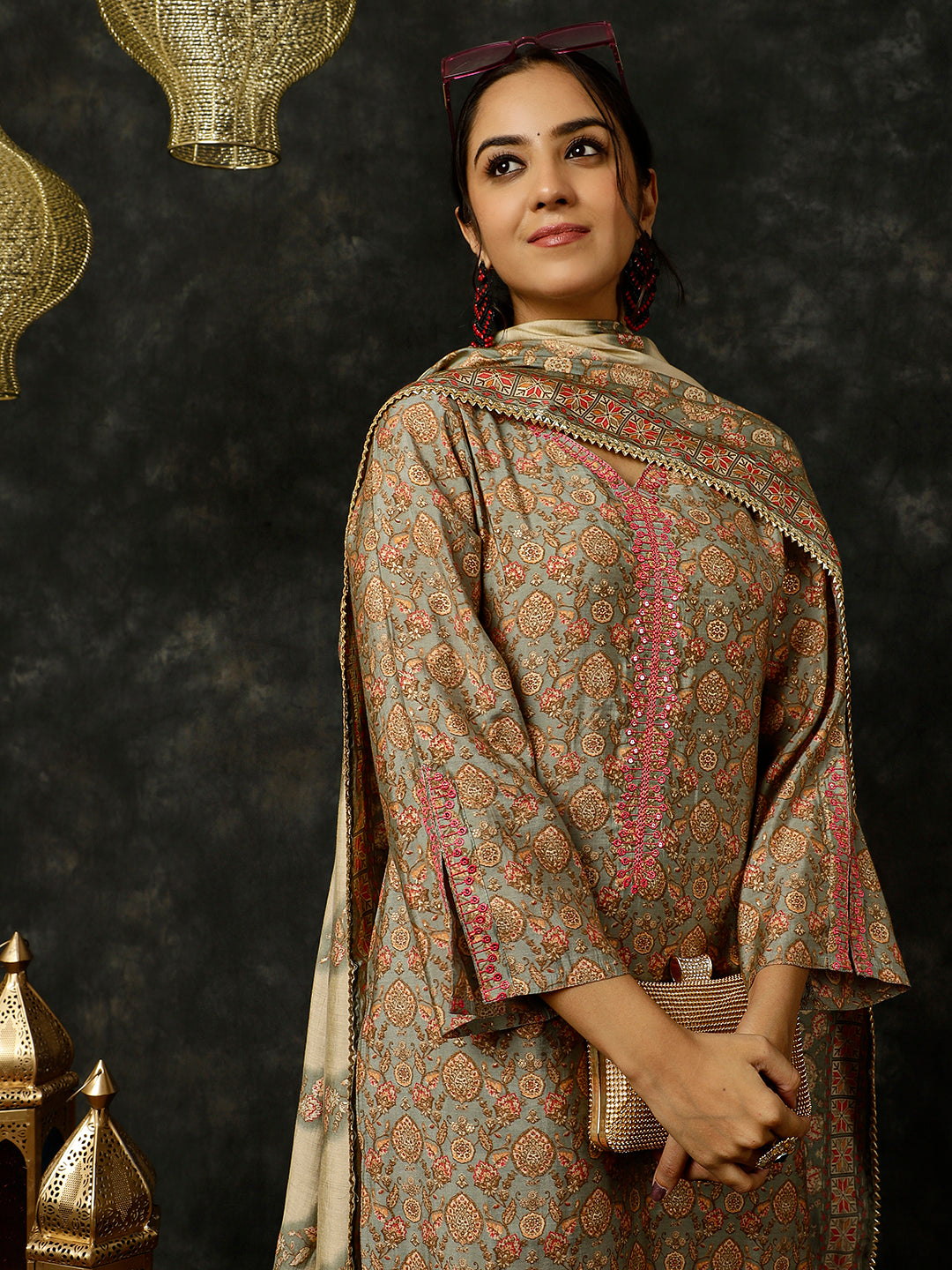 Grey Foil Printed Kurta With Pants And Dupatta