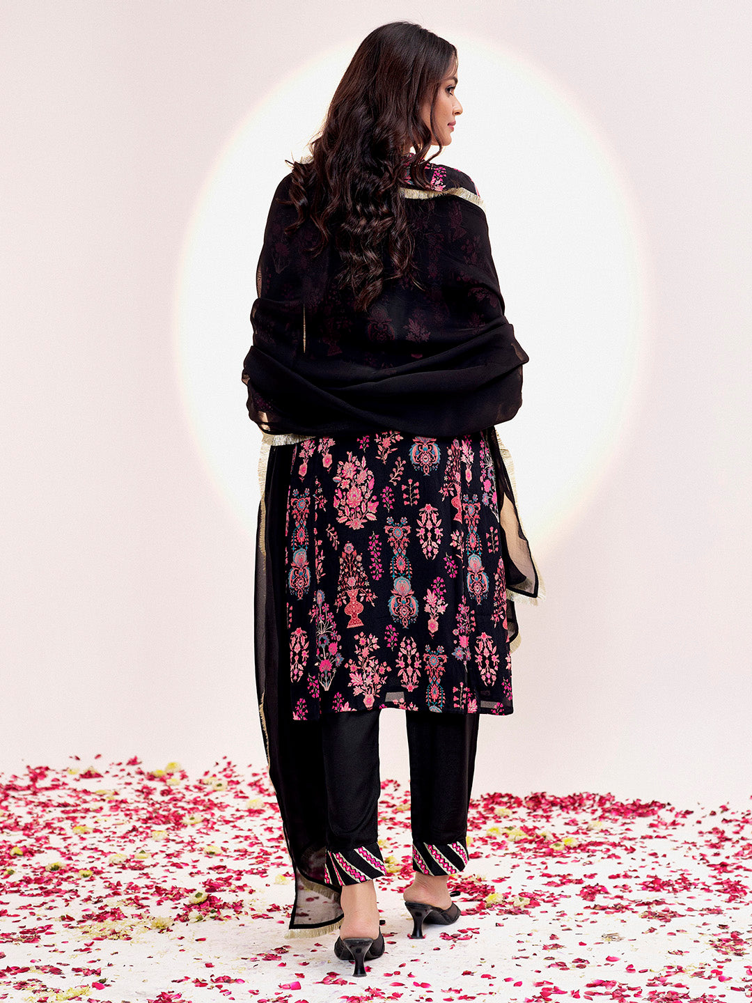 Black Mirror Embroidered Festive Flared Kurta Set With Dupatta