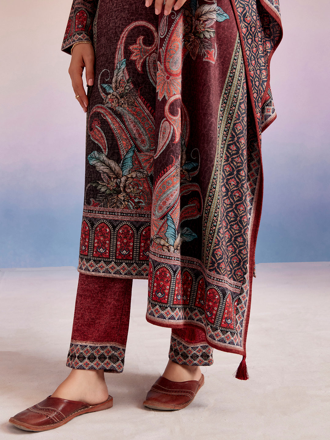 Rust Woolen Floral Printed Kurta Set With Dupatta