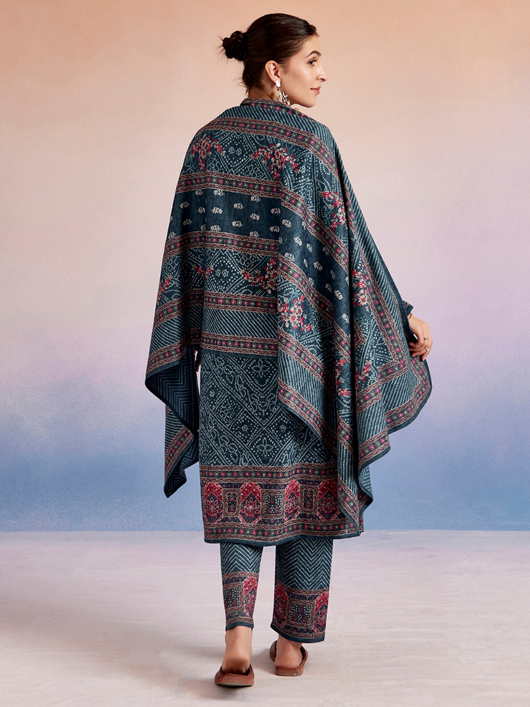 Sea Green Woolen Floral Printed Kurta Set With Dupatta